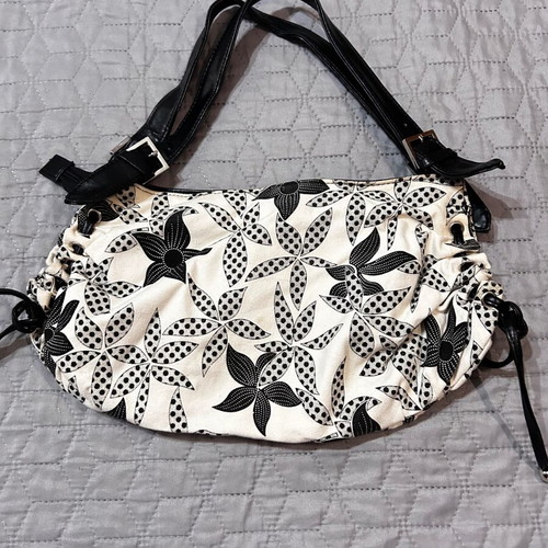 Women's shoulder bag cream-black with floral embroidery like new