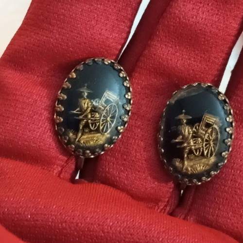 Antique bronze earrings with painted glass, used