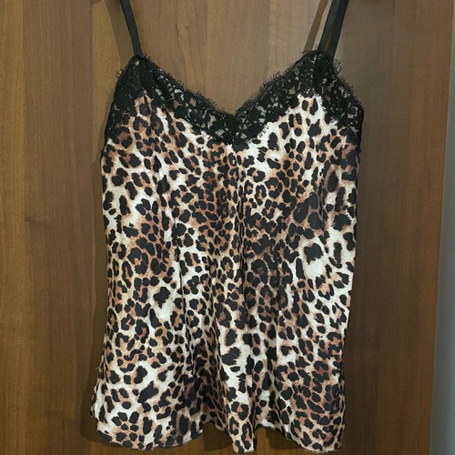 Satin leopard camisole top with black lace trim like new