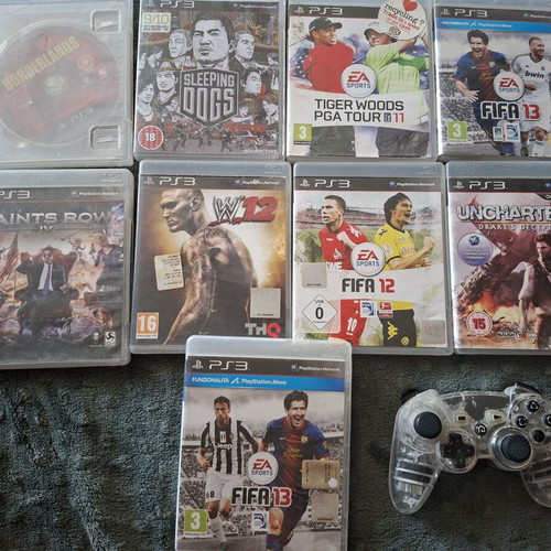 PlayStation 3 games pack with 7 titles and transparent controller like new