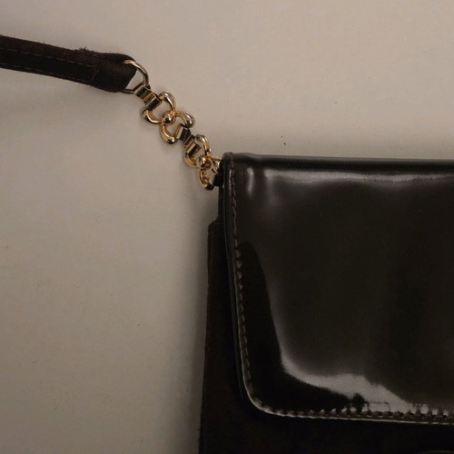 Structured Suede and Patent Leather Tassel Crossbody Bag used, burgundy