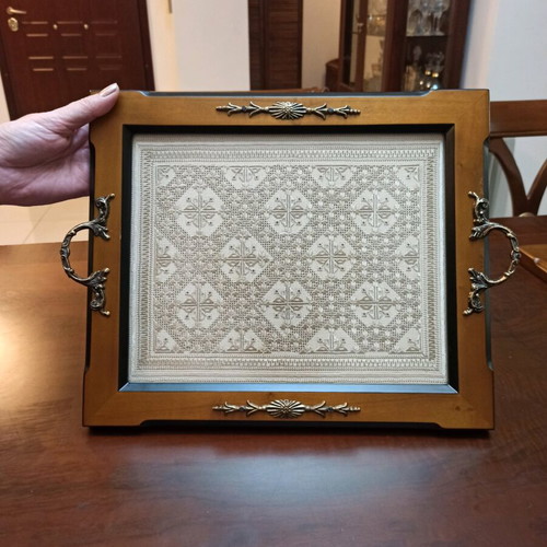 Serving tray new with Lefkadian handmade embroidery and wooden frame