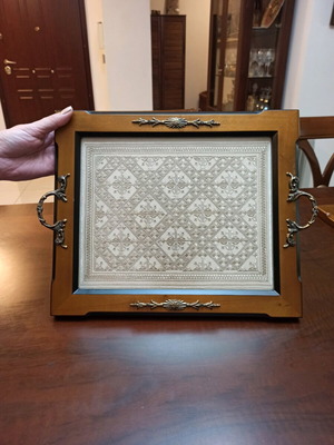 Serving tray new with Lefkadian handmade embroidery and wooden frame