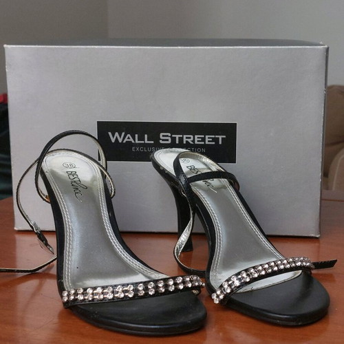Wall Street Heeled Sandals No38 Black with Rhinestones Like New