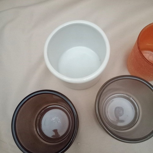 Glass candle holders used, set of 6, various colors with glitter