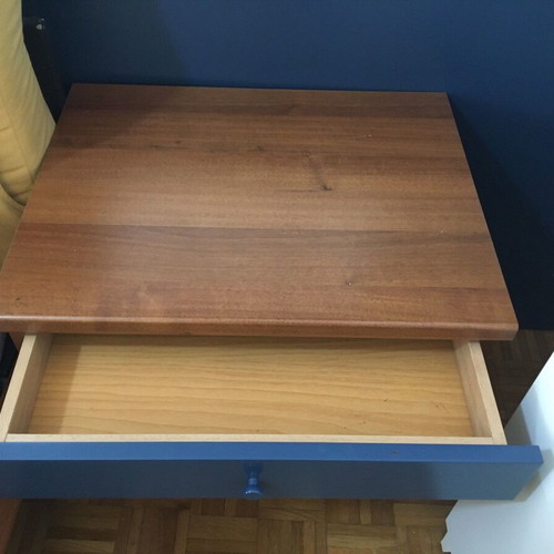 Modern bedroom set used with double bed, mirror, shelves, 2 nightstands, mattress, pillows, and reversible duvet
