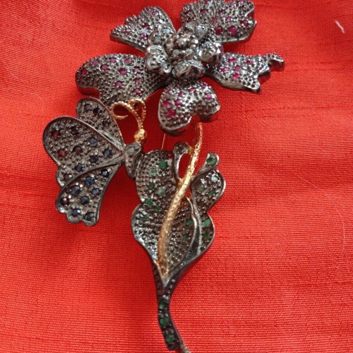 Antique camellia brooch with butterfly, 9k gold and 925 silver