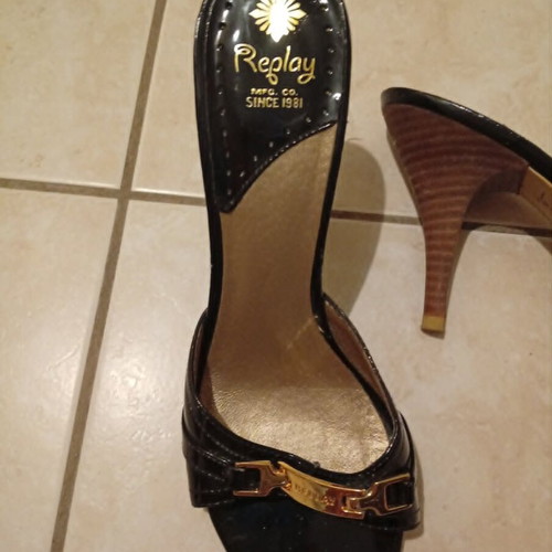 Replay black patent leather mules with gold buckle, size 39