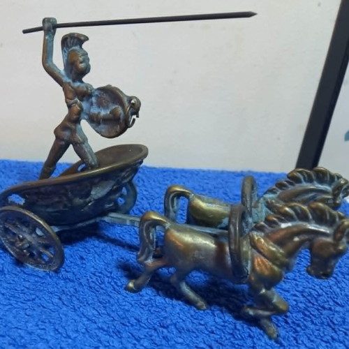 Bronze miniature sculpture of a Greco-Roman warrior in chariot used