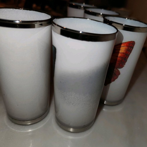 Vintage opaline glasses (5) with butterfly motifs and silver rim refurbished