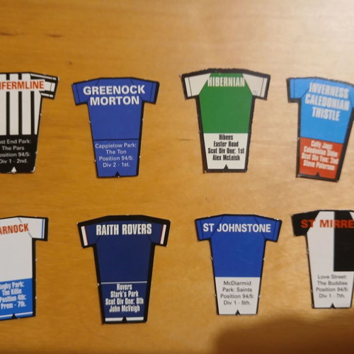 Scottish Football Club Paper Jerseys like new, set of 8 from 1990s magazine
