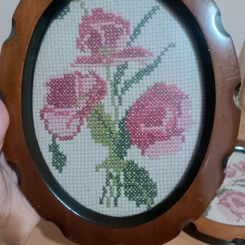 Vintage embroidered oval frames set of 2 with pink roses, used