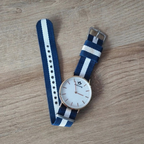 WatchMe watch with fabric strap used, white and blue