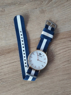 WatchMe watch with fabric strap used, white and blue