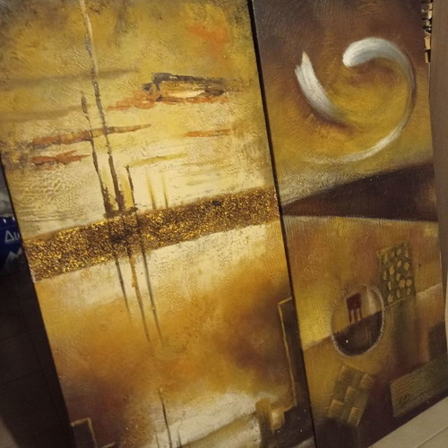 Diptych canvas painting used with embossed gold details 102x45+45 cm