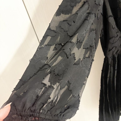 Black Formal Evening Dress with Lace Sleeves and Pleated Skirt like new