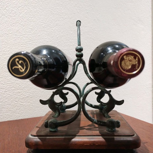 Handmade Italian Bottle Holder Made of Brass and Wood