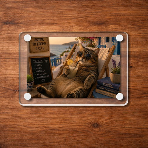 Acrylic fridge magnet "Ζούμε τη στιγμή" new, Summer Cat Vibes