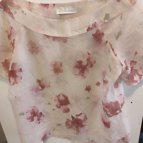 Blouse XL like new, white with pink flowers, silk-like fabric