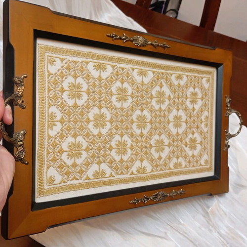 Handmade wooden tray with authentic Lefkadian embroidery