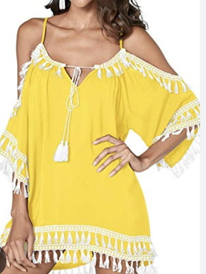 Beach dress with tassel stitching and V-neck with off-the-shoulder straps new, yellow