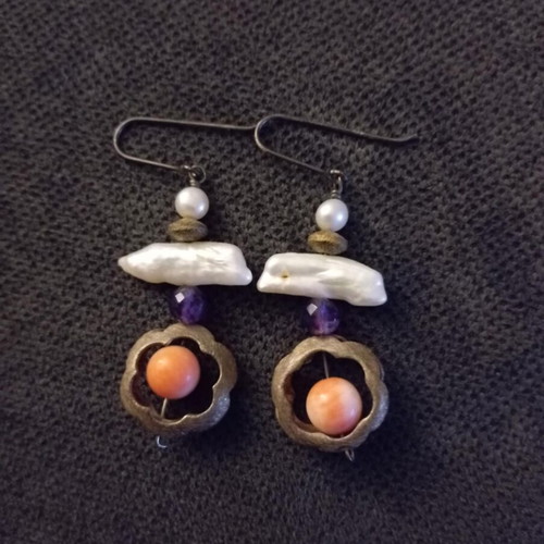 Earrings silver royal vintage used with natural stones and pearls