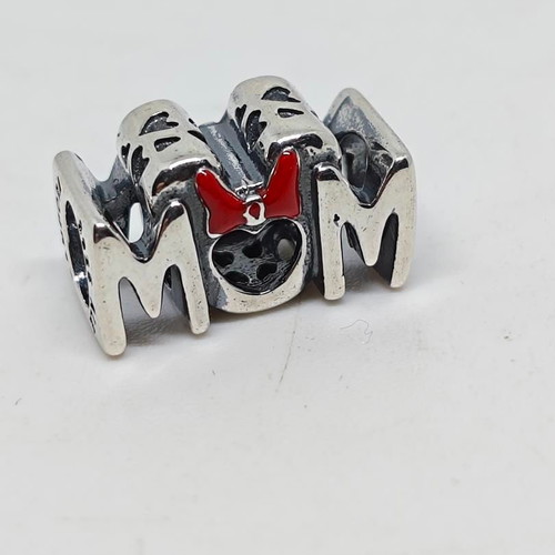 Disney Minnie Mouse "MOM" Silver Charm S925 like new with Red Bow