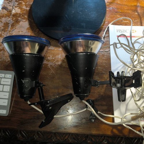 Iron spotlights with blue incandescent bulbs used, retro style