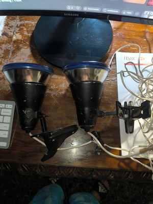 Iron spotlights with blue incandescent bulbs used, retro style