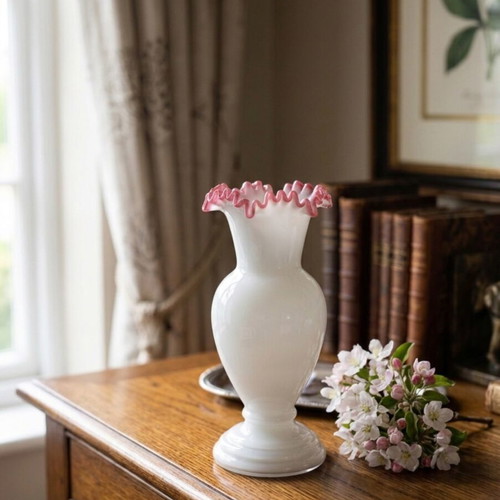 Vintage milk glass vase with pink ruffled rim, 22 cm