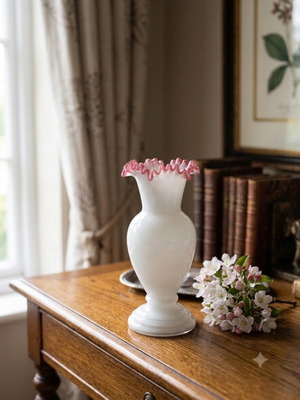 Vintage Opaline Vase with Pink Ruffled Rim 22 cm like new