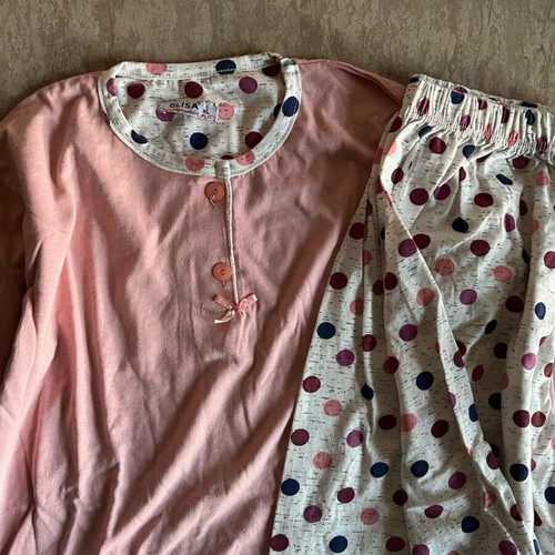 Women's pajama new, long sleeve, pink with polka dots cotton, sizes L XL