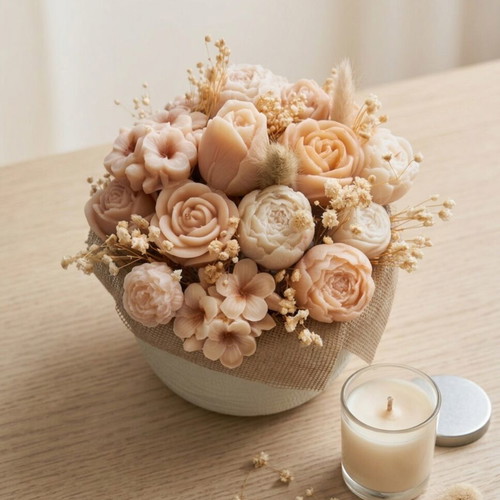 Scented bouquet of natural wax candle in pot