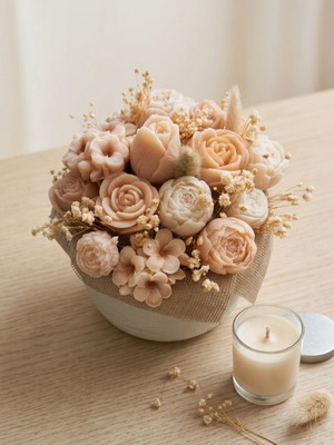 Scented bouquet of natural wax candle in pot