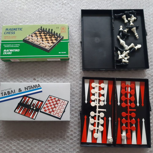 Magnetic chess and backgammon & checkers board games used, classic Greek retro
