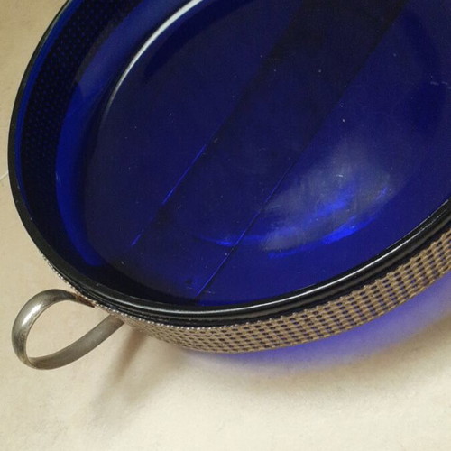 Vintage cobalt blue glass decorative bowl with metal base