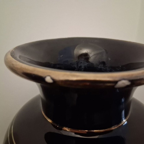 Ceramic set used, Greek made, black with 24k gold, 2 ashtrays and 2 vases