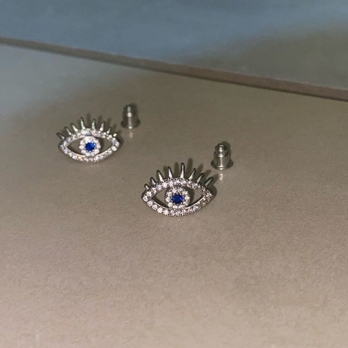 Stainless steel earrings new, silver with zircon and blue eye