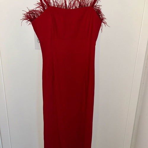 Matis midi dress new, red with natural feathers, size S
