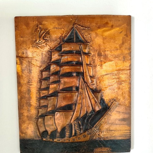 Handmade chalcography "Pirate Ship" 1977 new