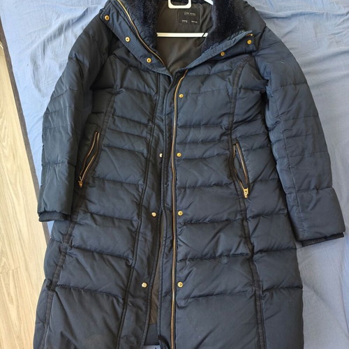 Zara women's jacket large blue black used, long, down-filled
