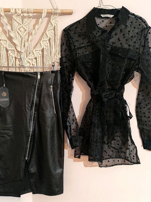 Women’s set with EvaRoza leather skirt and tulle polka dot shirt with belt new, black