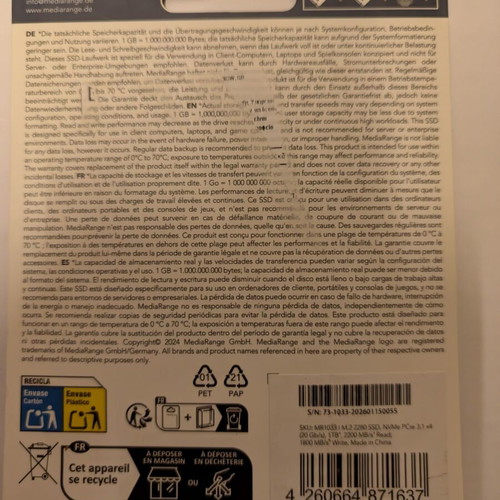 MediaRange 1TB M.2 NVMe PCIe 3.1 SSD