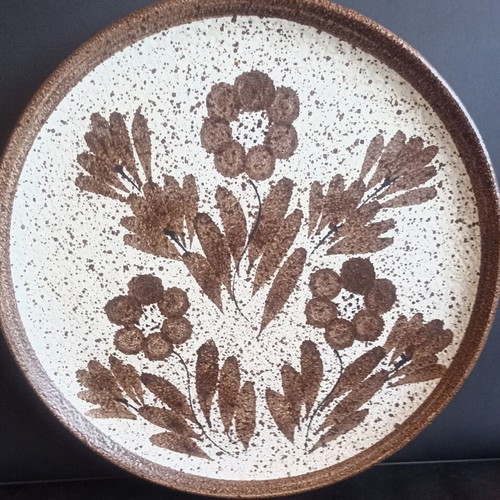 Large Vintage Textured Ceramic Wall Plate, Rustic Floral Design