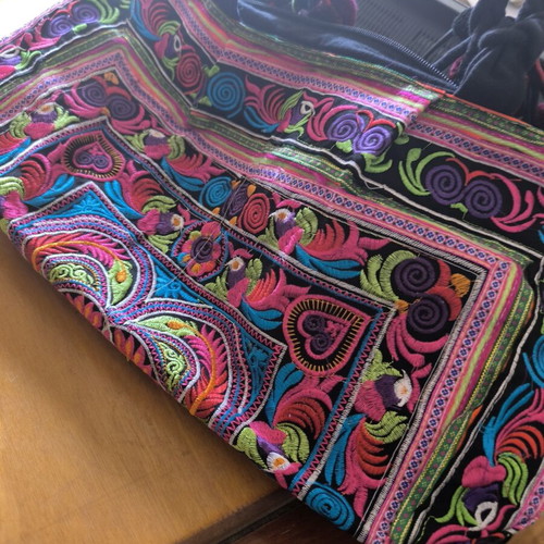 Handmade ethnic boho shoulder bag with colorful traditional Hmong embroidery