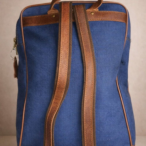 Handmade fabric backpack with leather details new blue brown