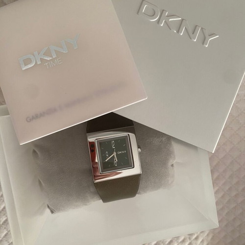 DKNY women's watch with square dial and khaki leather strap like new