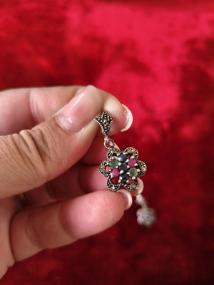 Vintage handmade 925 silver jewelry set with emeralds, rubies, sapphires & marcasite
