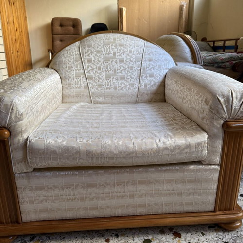 Sofa and armchair used, good condition with wooden frame and fabric