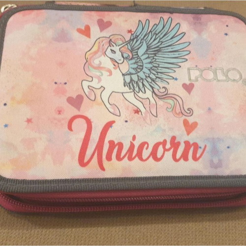 Polo Rolling Unicorn Pencil Case with 3 Compartments used, pink
